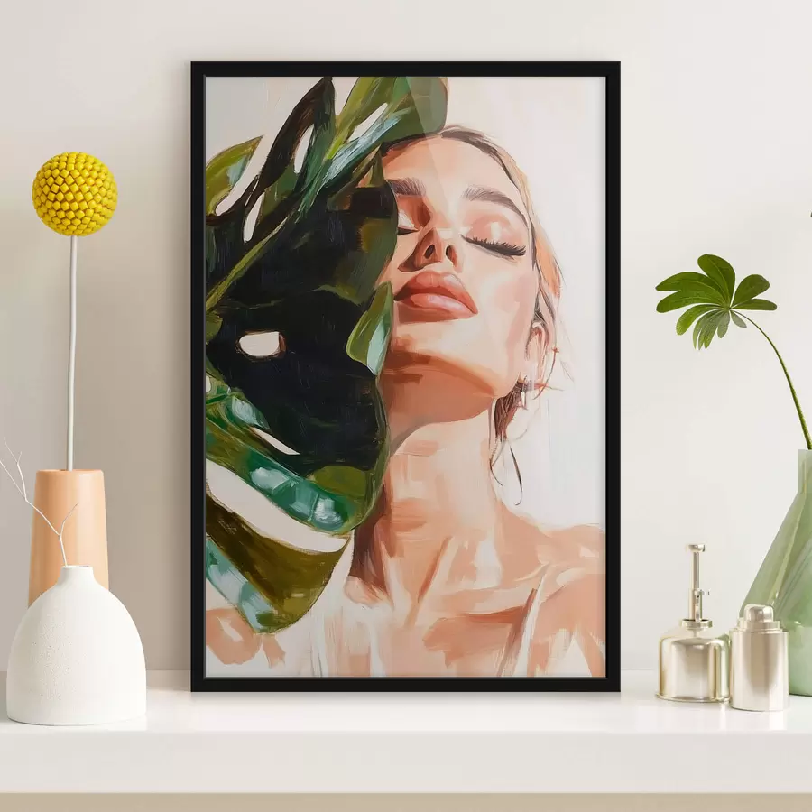 Fototapete Porträt einer Frau mit einem Monstera-Blatt mit nachgeahmten Pinselstrichen f42597
