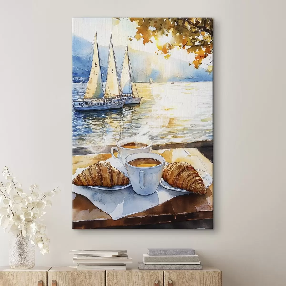 Wandbilder Tassen Kaffee, Sonnenuntergang Farben, See, Segelboote, Natur, Reisen s42443
