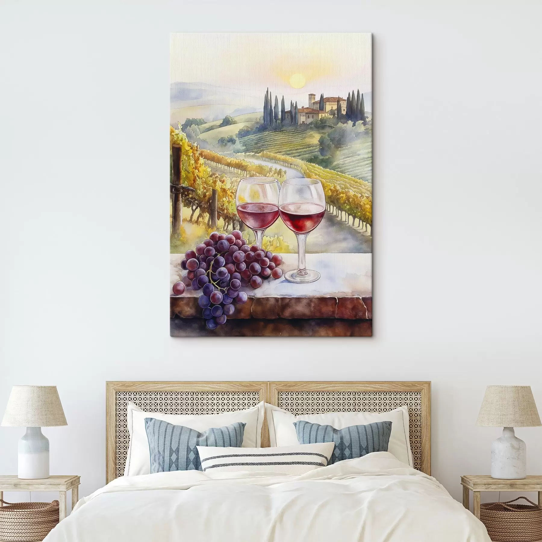 Wandbilder Sonnenuntergang in der Toskana, Weingut, alte Architektur, Aquarellstil, Italien s42446