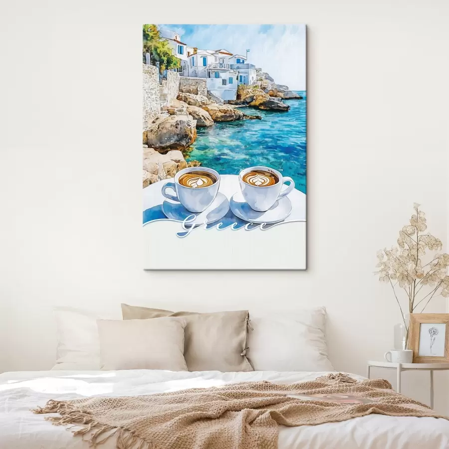 Wandbilder Griechenland Ästhetik, Tassen Kaffee, blaues Meer, alte Stadt, Reisen s42447