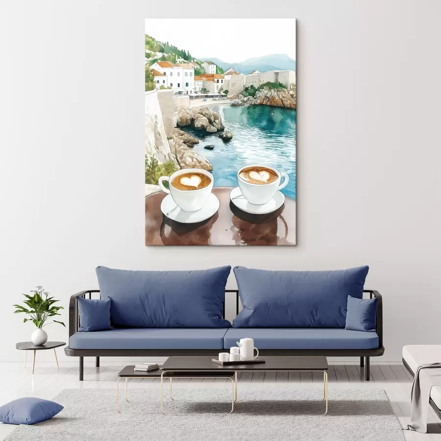Wandbilder Tassen Kaffee am Meer, Aquarellstil, Kroatien s42448