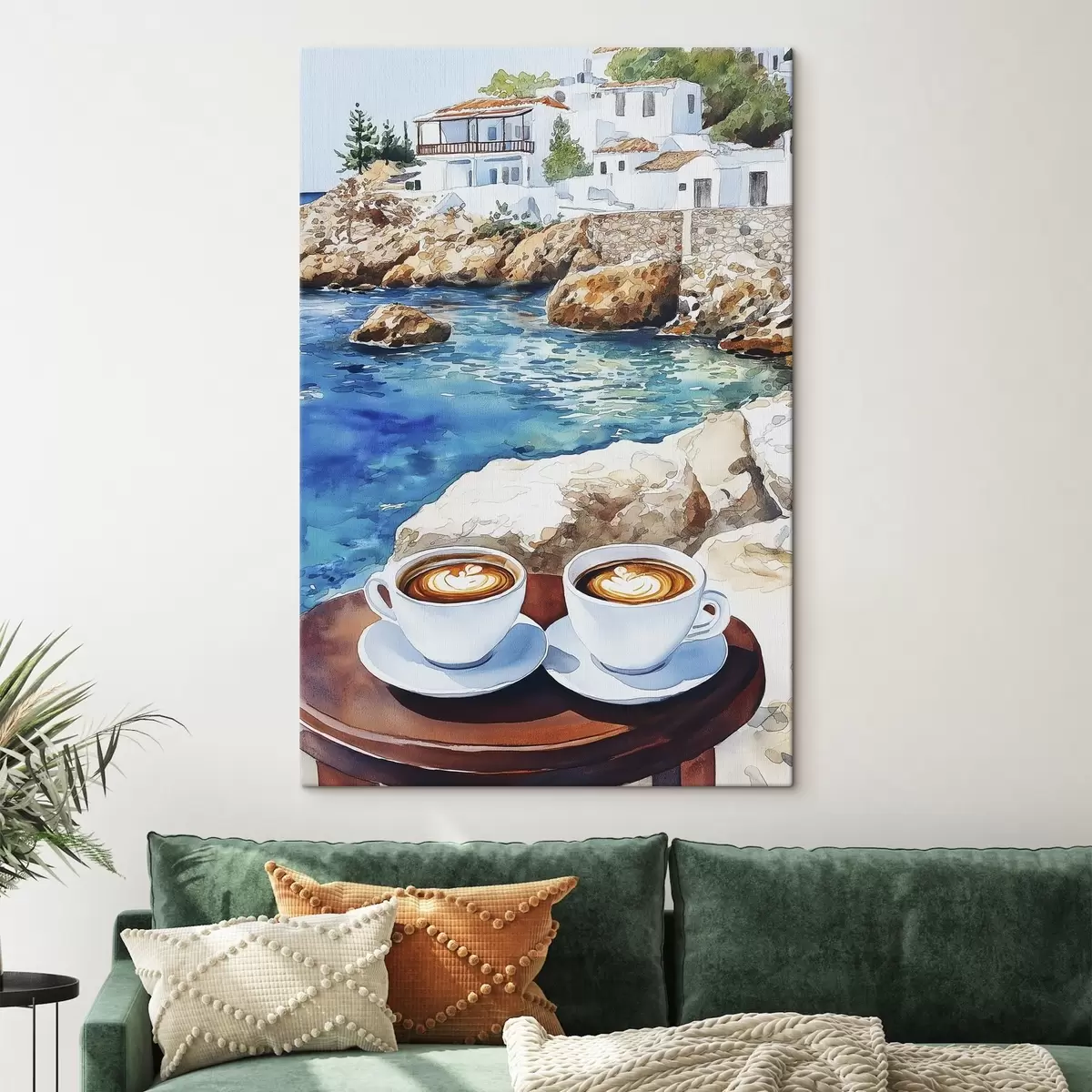 Wandbilder Aquarell Seeseite mit Tassen Kaffee, Sommer s42449