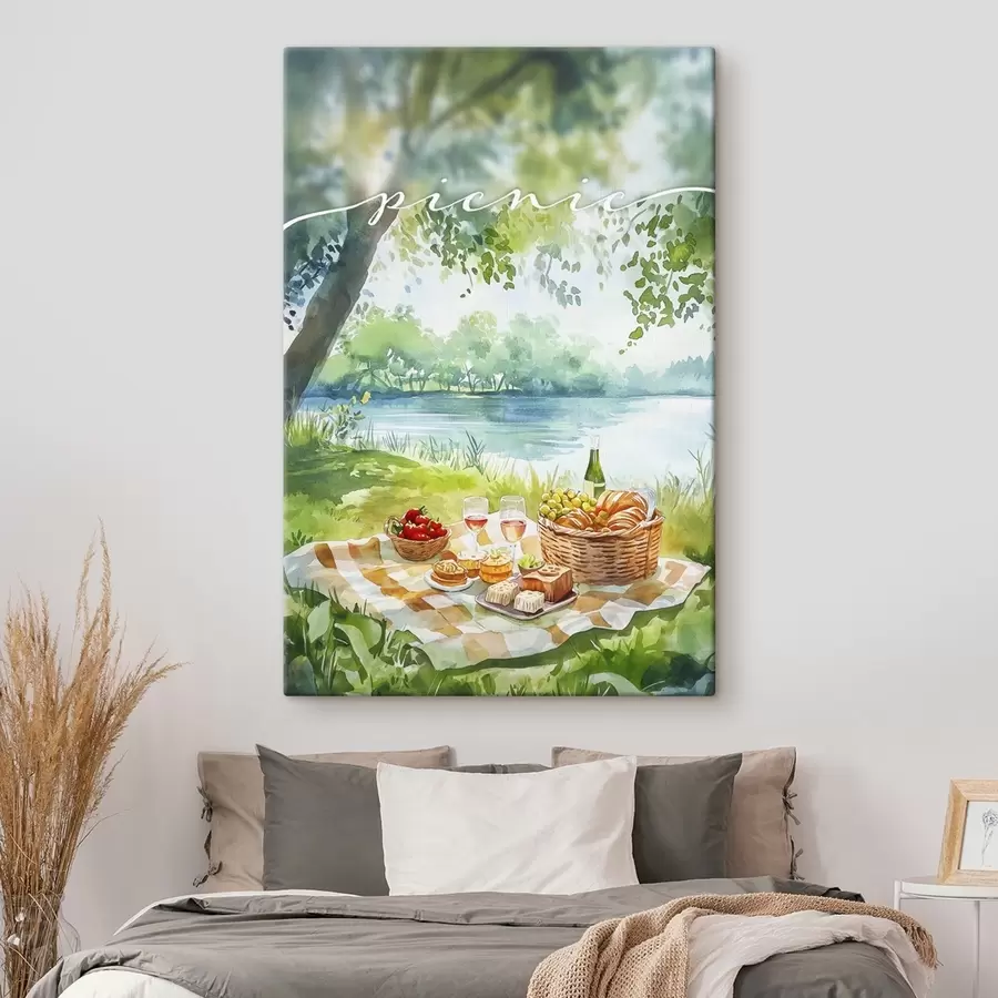 Wandbilder Picknick-Ästhetik, Sommer Natur, See, romantisch, Aquarell-Stil s42450
