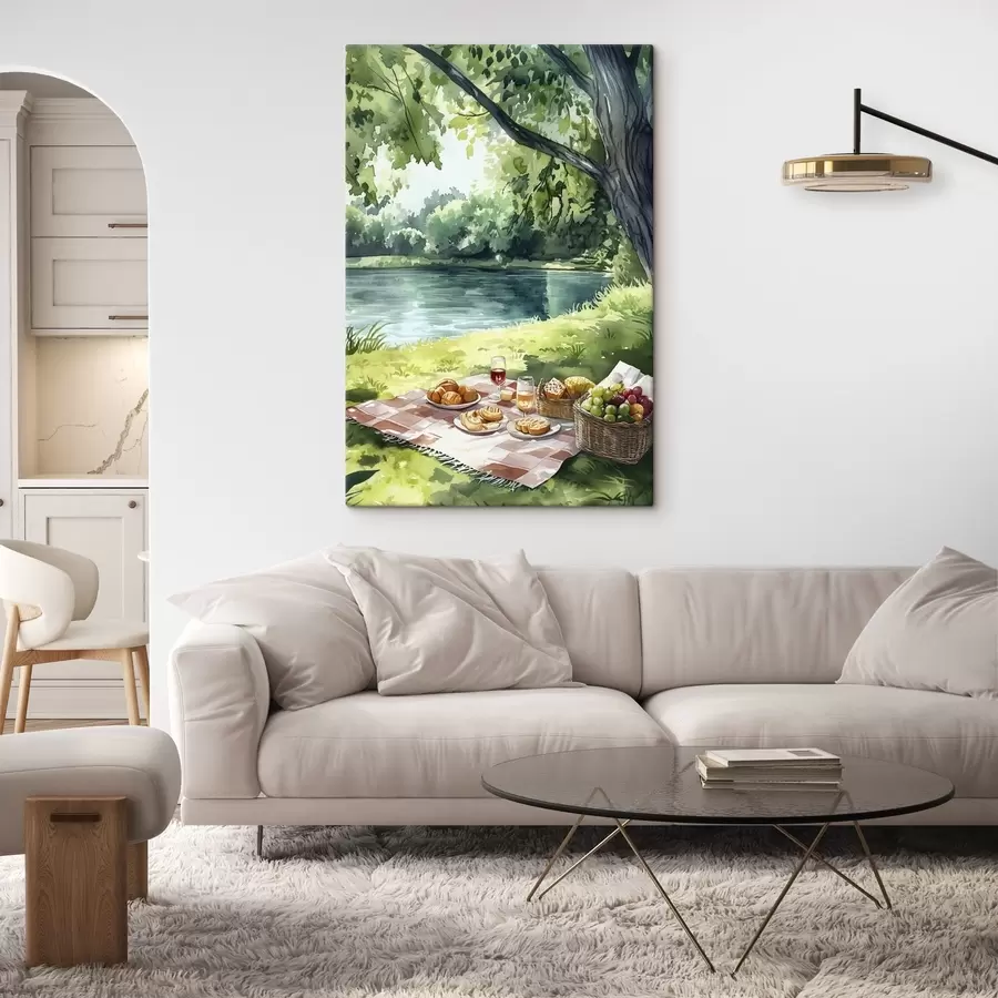 Wandbilder Wunderschönes romantisches Picknick am sommerlichen See, Früchte, Grünzeug s42451