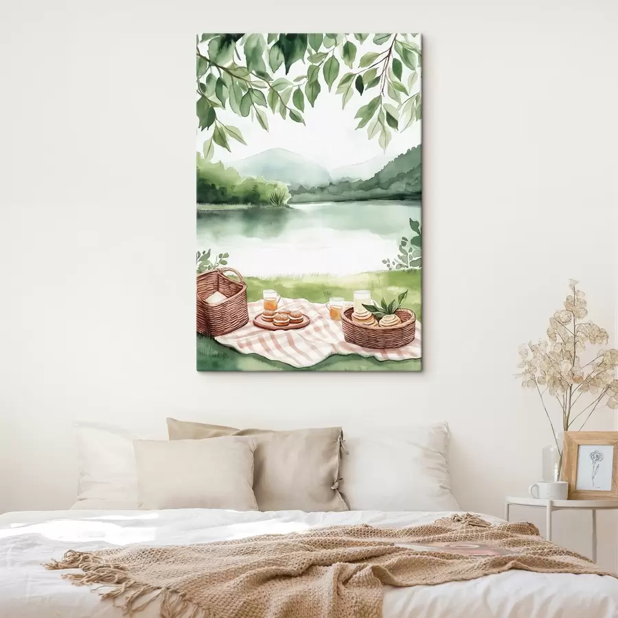 Wandbilder Sommerpicknick im Aquarellstil, rustikal, See, Grünzeug, Essenskörbe s42452