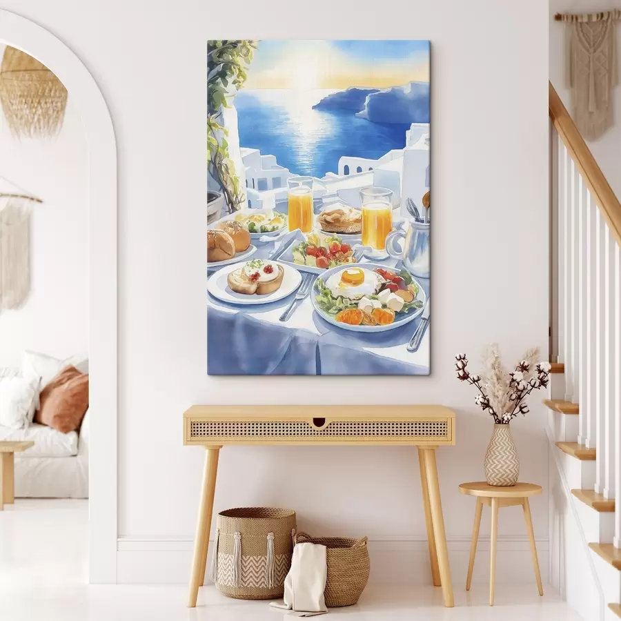 Wandbilder Santorini Landschaften, Frühstück, Aquarellstil, alte Stadt s42454