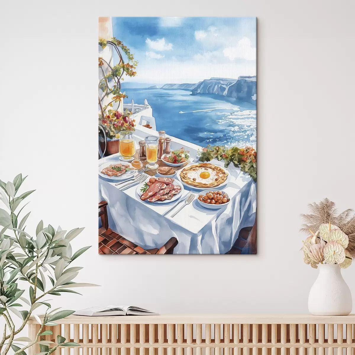 Wandbilder Schönes romantisches Frühstück in Griechenland, Meer, Aquarellstil s42455