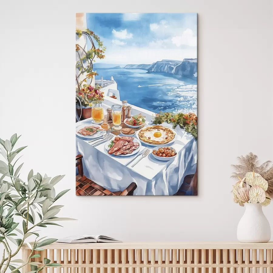 Wandbilder Schönes romantisches Frühstück in Griechenland, Meer, Aquarellstil s42455