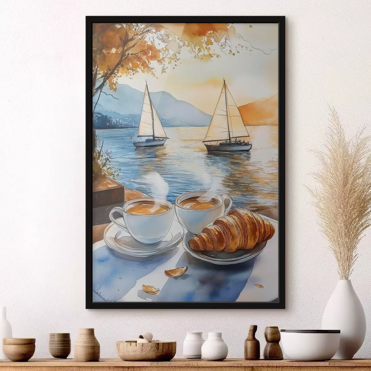 Poster Sonnenuntergang auf dem See, Segelboote, Tassen Kaffee, Aquarell-Stil f42442