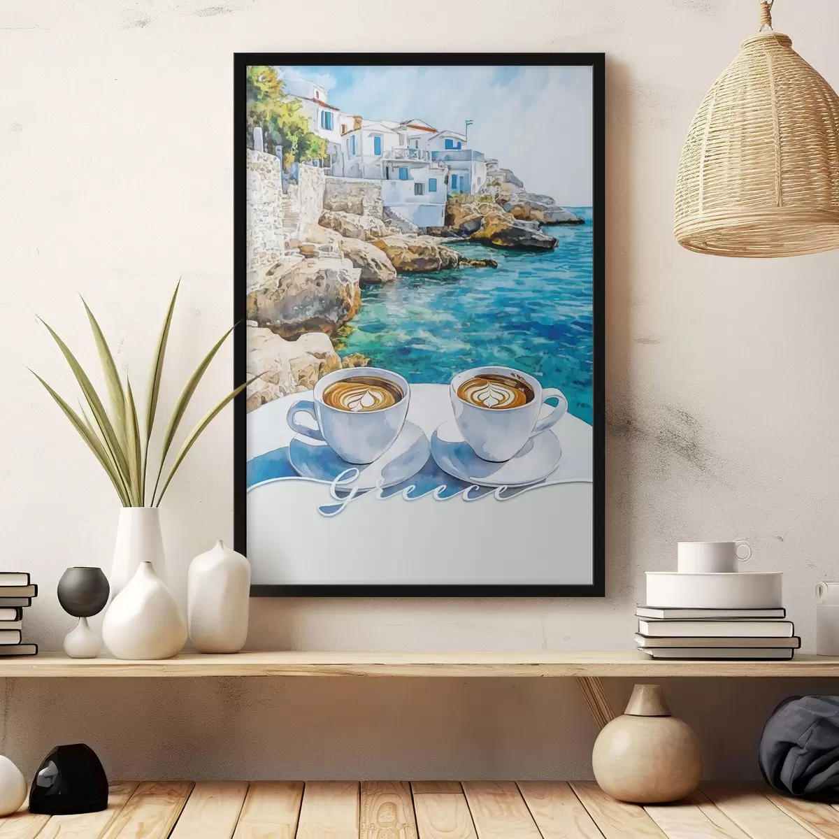 Poster Griechenland Ästhetik, Tassen Kaffee, blaues Meer, alte Stadt, Reisen f42447