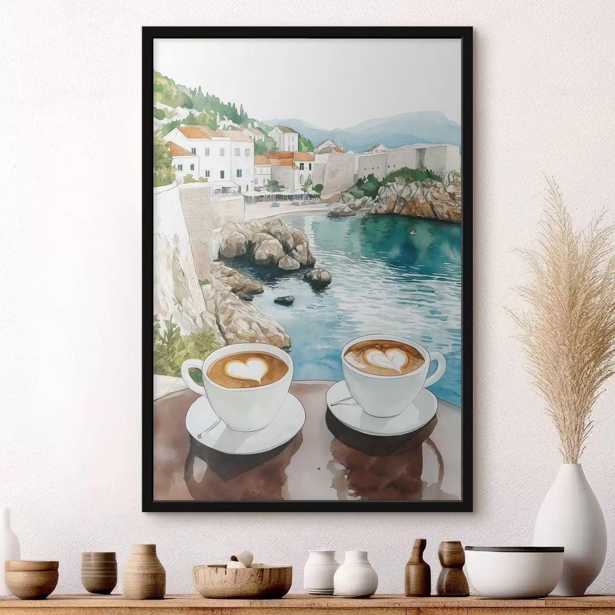 Poster Tassen Kaffee am Meer, Aquarellstil, Kroatien f42448