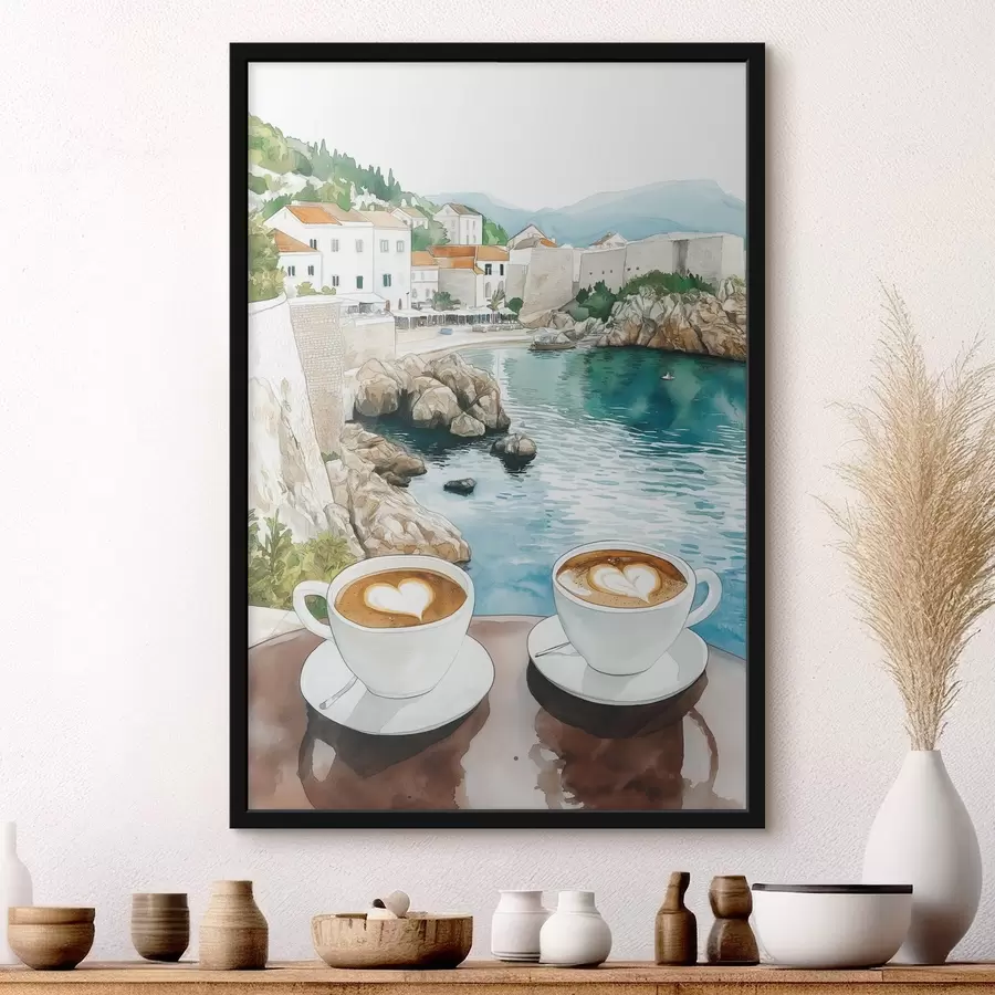 Fototapete Tassen Kaffee am Meer, Aquarellstil, Kroatien f42448