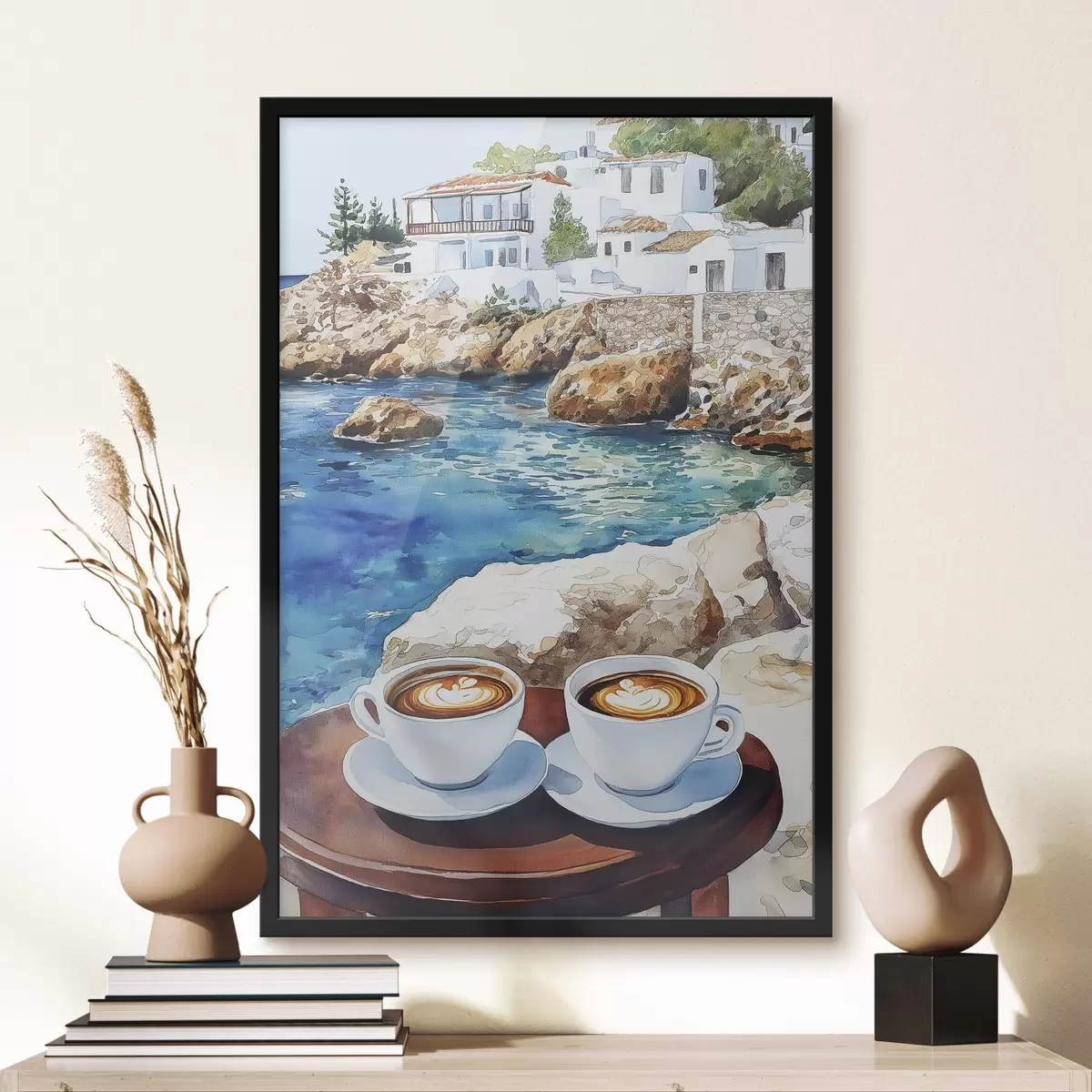 Poster Aquarell Seeseite mit Tassen Kaffee, Sommer f42449