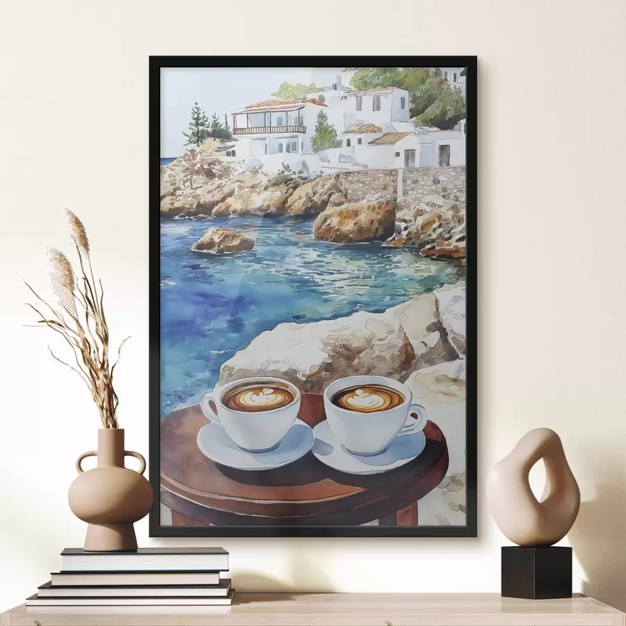 Fototapete Aquarell Seeseite mit Tassen Kaffee, Sommer f42449