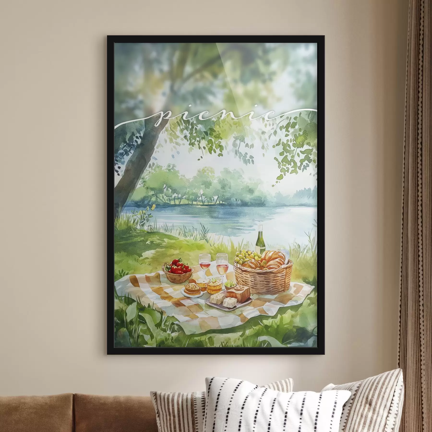 Fototapete Picknick-Ästhetik, Sommer Natur, See, romantisch, Aquarell-Stil f42450