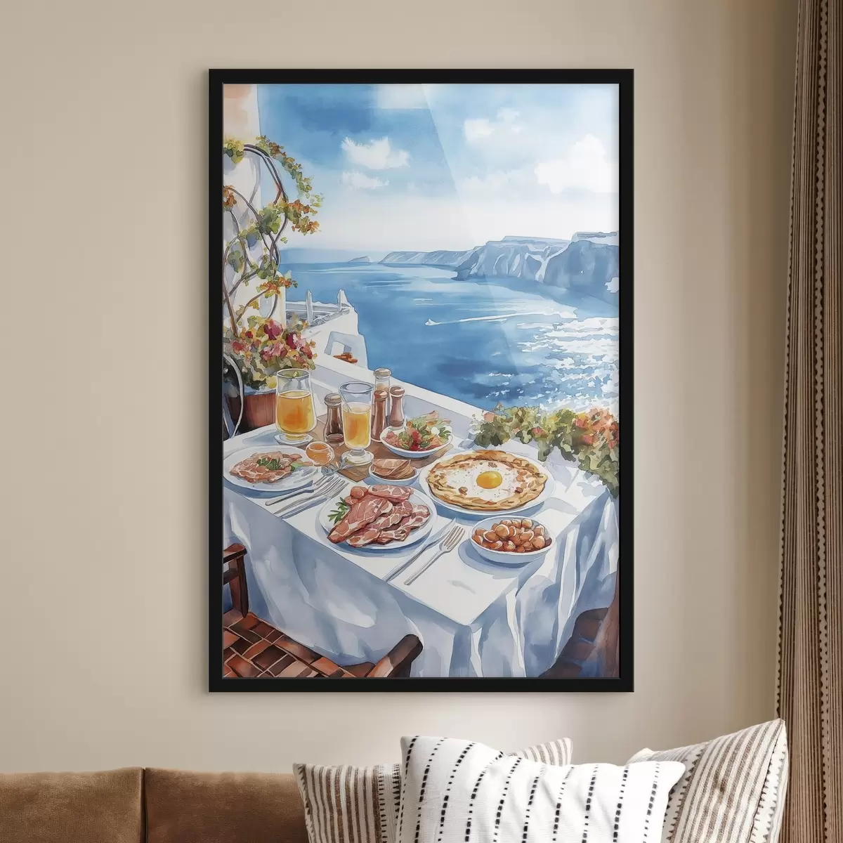 Poster Schönes romantisches Frühstück in Griechenland, Meer, Aquarellstil f42455
