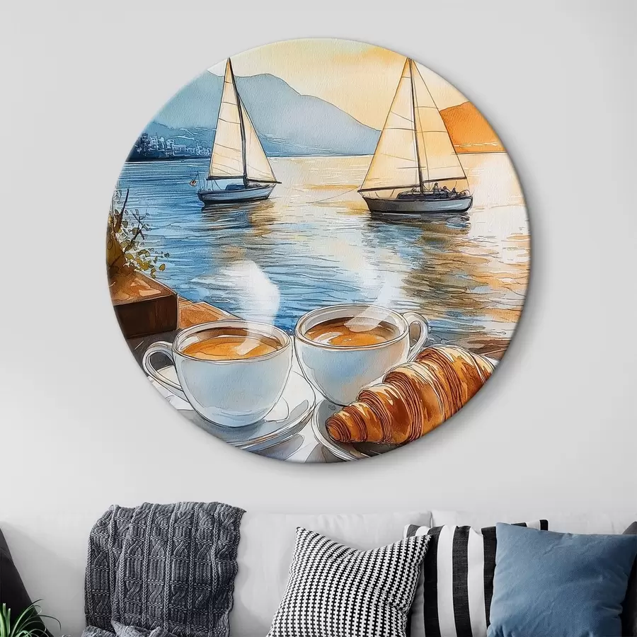 Wandbilder Sonnenuntergang auf dem See, Segelboote, Tassen Kaffee, Aquarell-Stil r42442