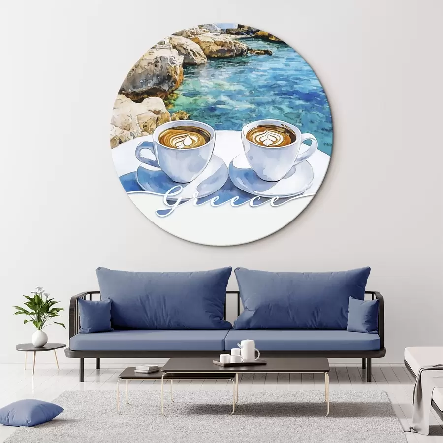 Wandbilder Griechenland Ästhetik, Tassen Kaffee, blaues Meer, alte Stadt, Reisen r42447