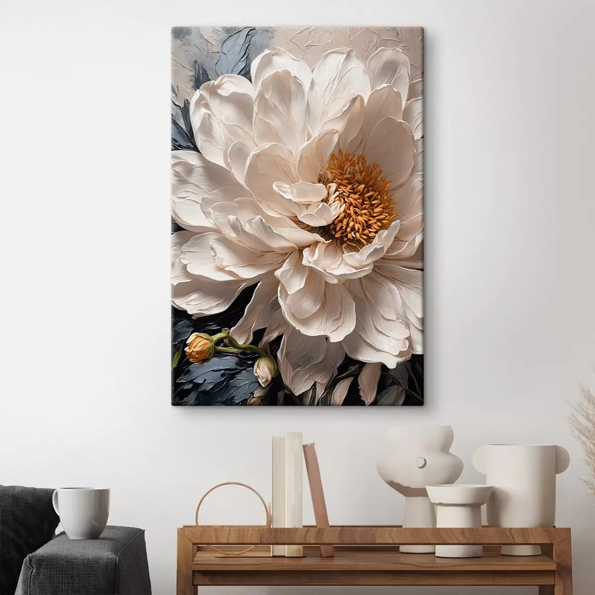 Wandbilder Weiße Blume auf blau-beigem Hintergrund s42523