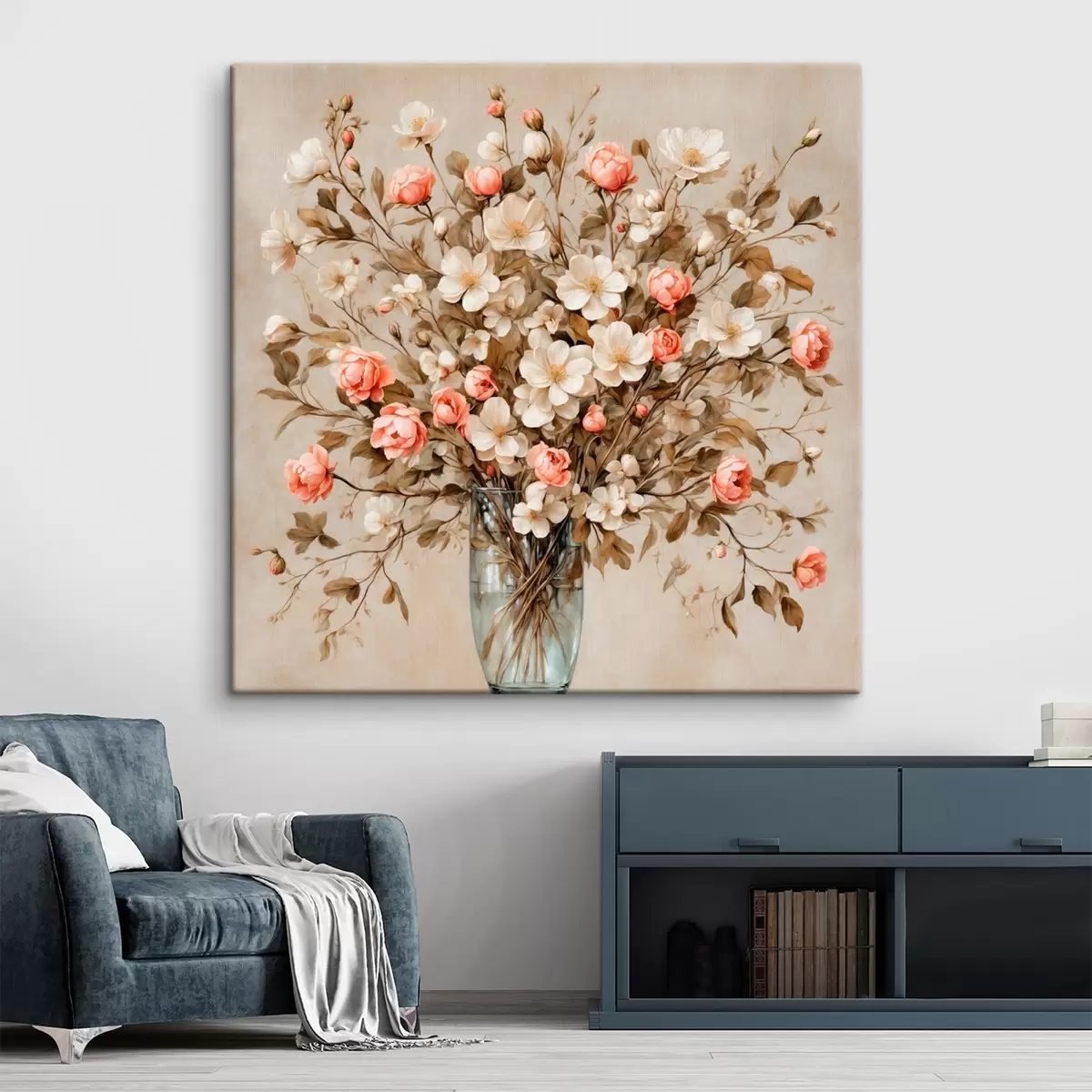 Wandbilder Blumen in transparenter Vase auf beigem Hintergrund s42534