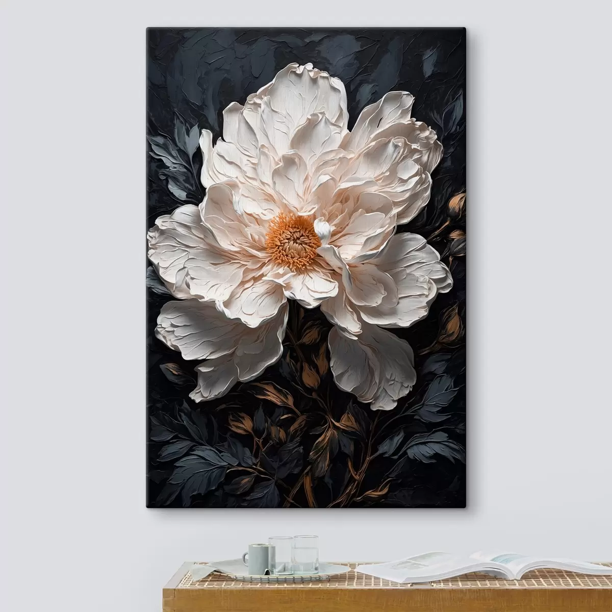 Wandbilder Weiße Blume auf schwarzem Hintergrund im Stil der Ölmalerei s42544