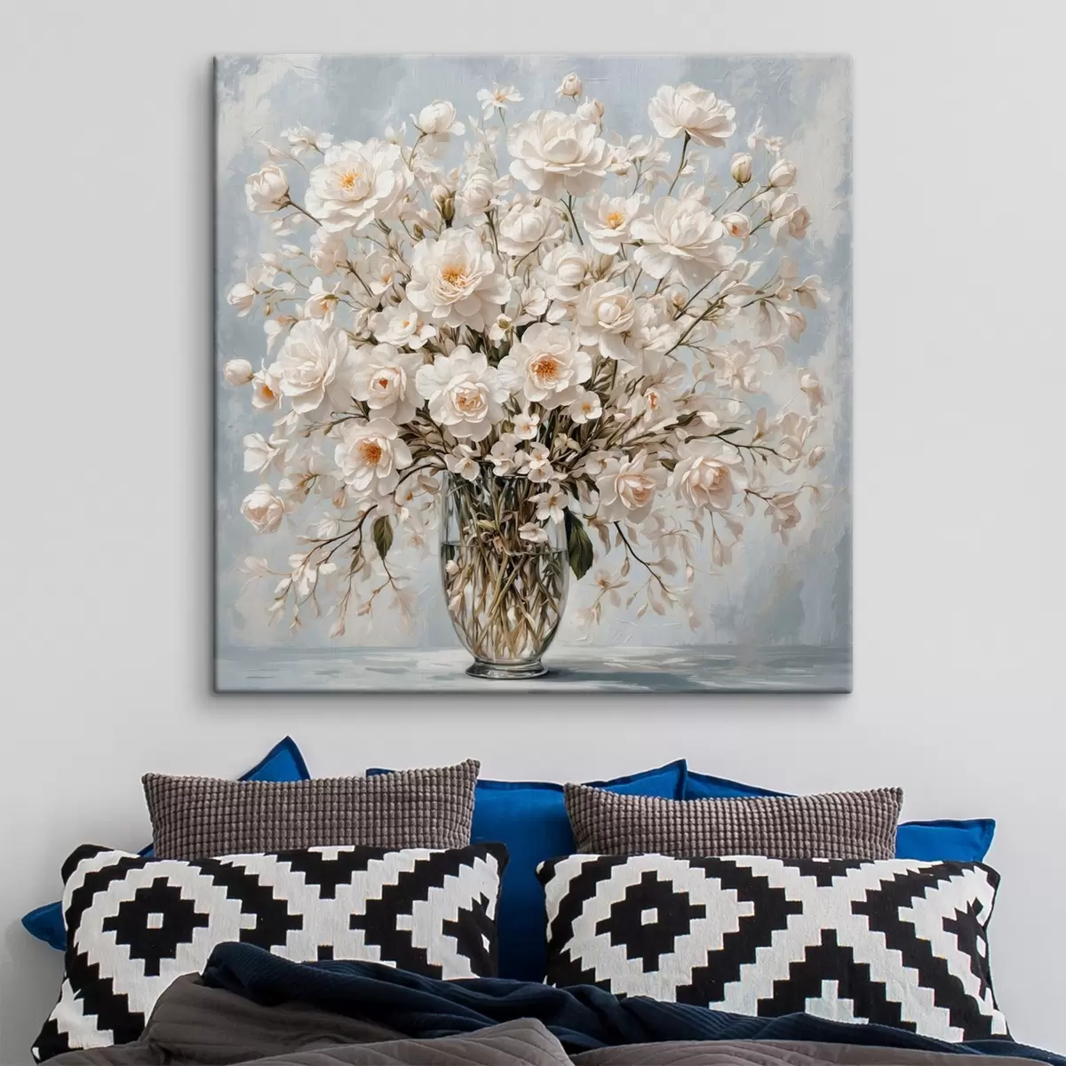 Wandbilder Weiße Blumen in transparenter Vase in Acrylmalerei Stil s42545