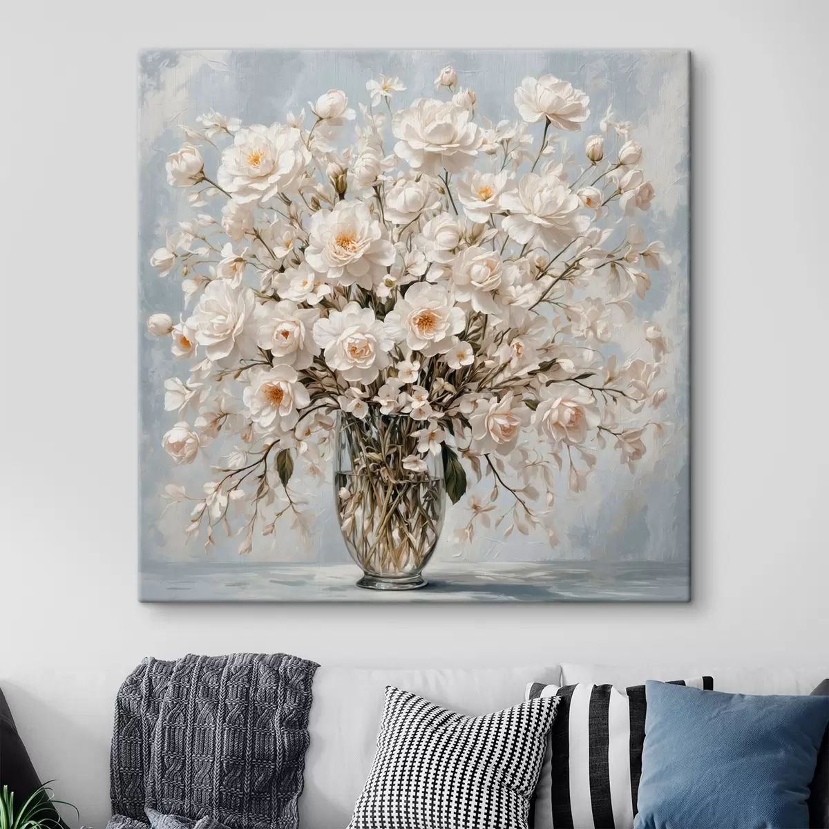 Wandbilder Weiße Blumen in transparenter Vase in Acrylmalerei Stil s42545