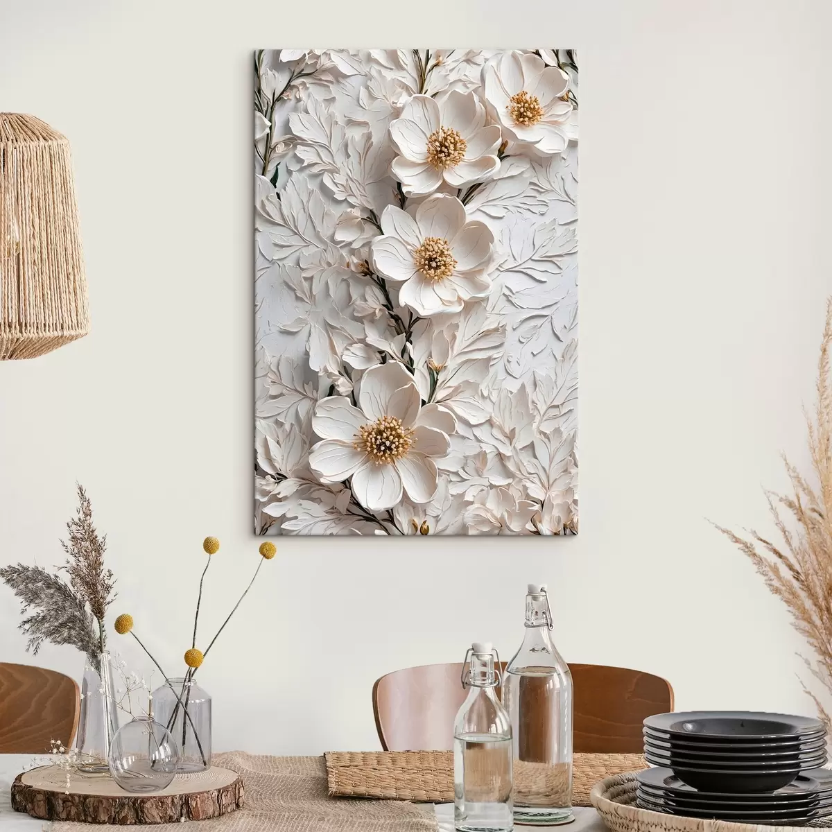 Wandbilder Weiße Blumen und Stängel im Stil der Ölmalerei s42546