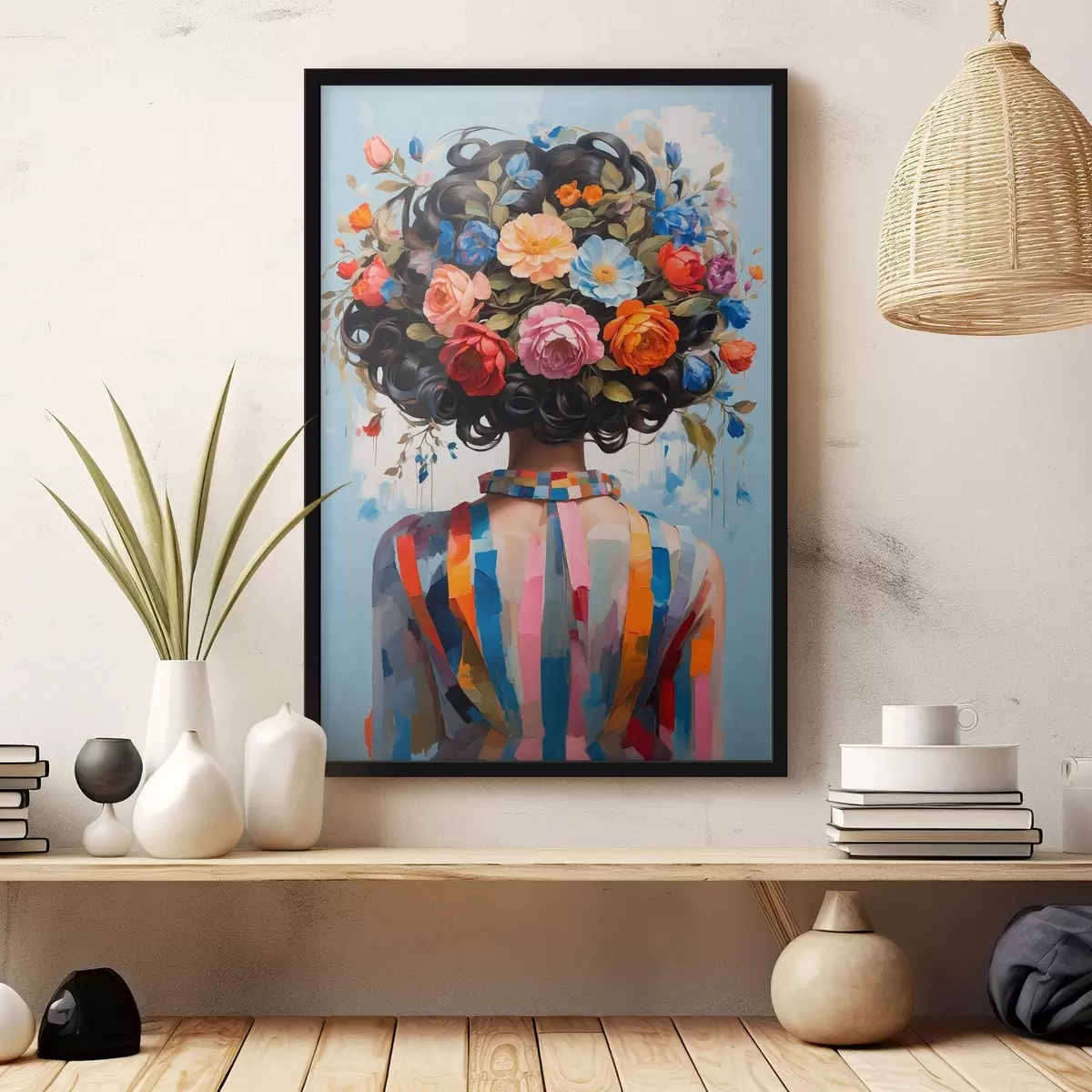 Poster Mädchen in buntem Kleid und Blumen f42524