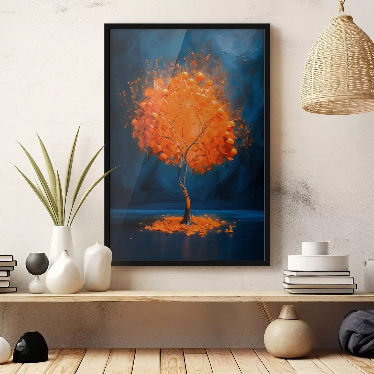Poster Orange Baum auf blauem Hintergrund in Acrylmalerei Stil f42525