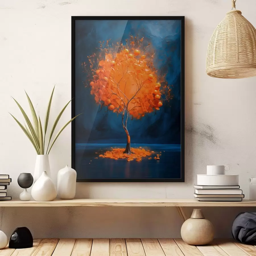 Fototapete Orange Baum auf blauem Hintergrund in Acrylmalerei Stil f42525