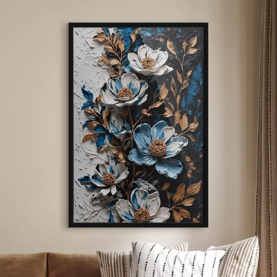 Fototapete Blumen und Stängel auf schwarzem und weißem Hintergrund im Stil der Ölmalerei f42532