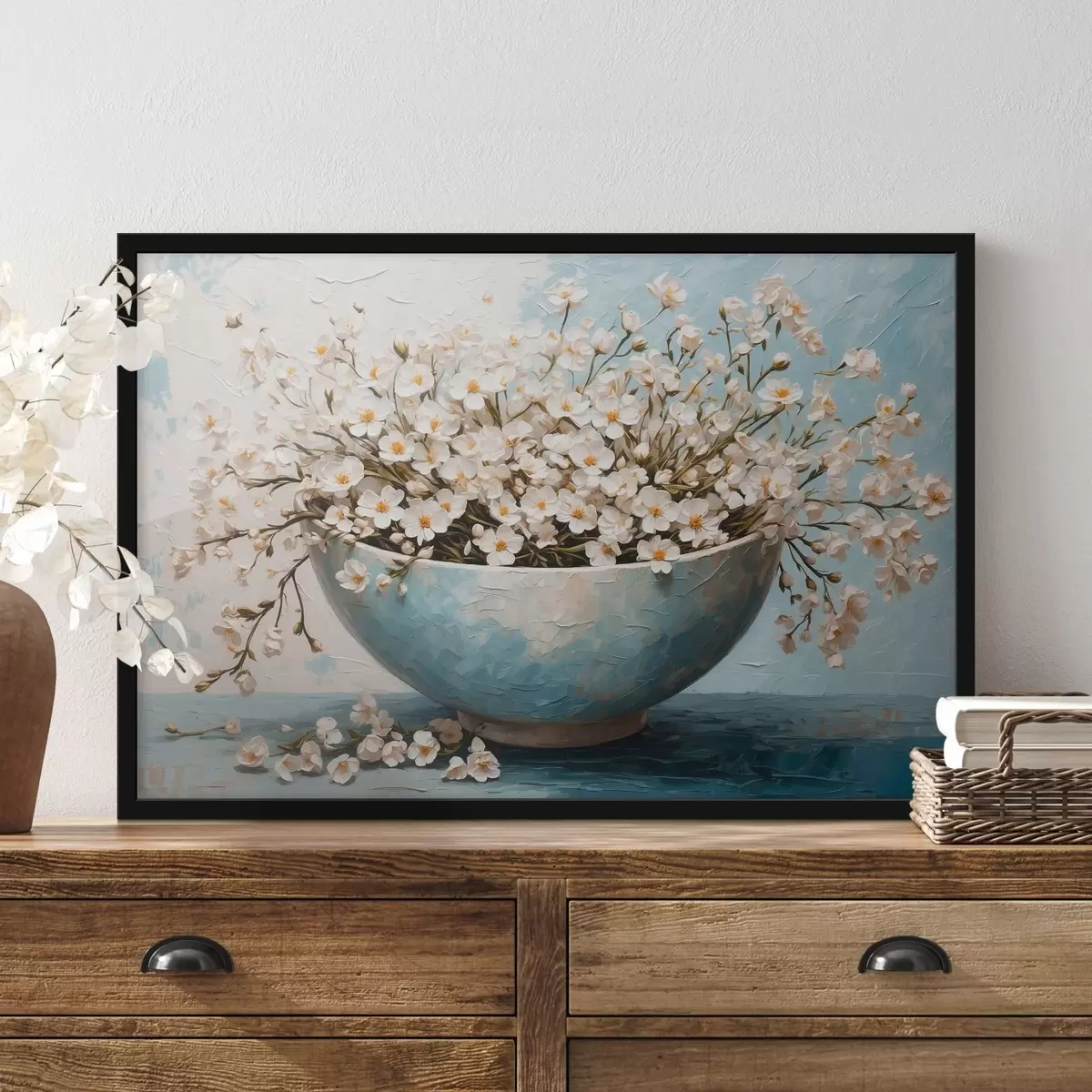 Poster Weiße kleine Blumen in einem Topf f42533