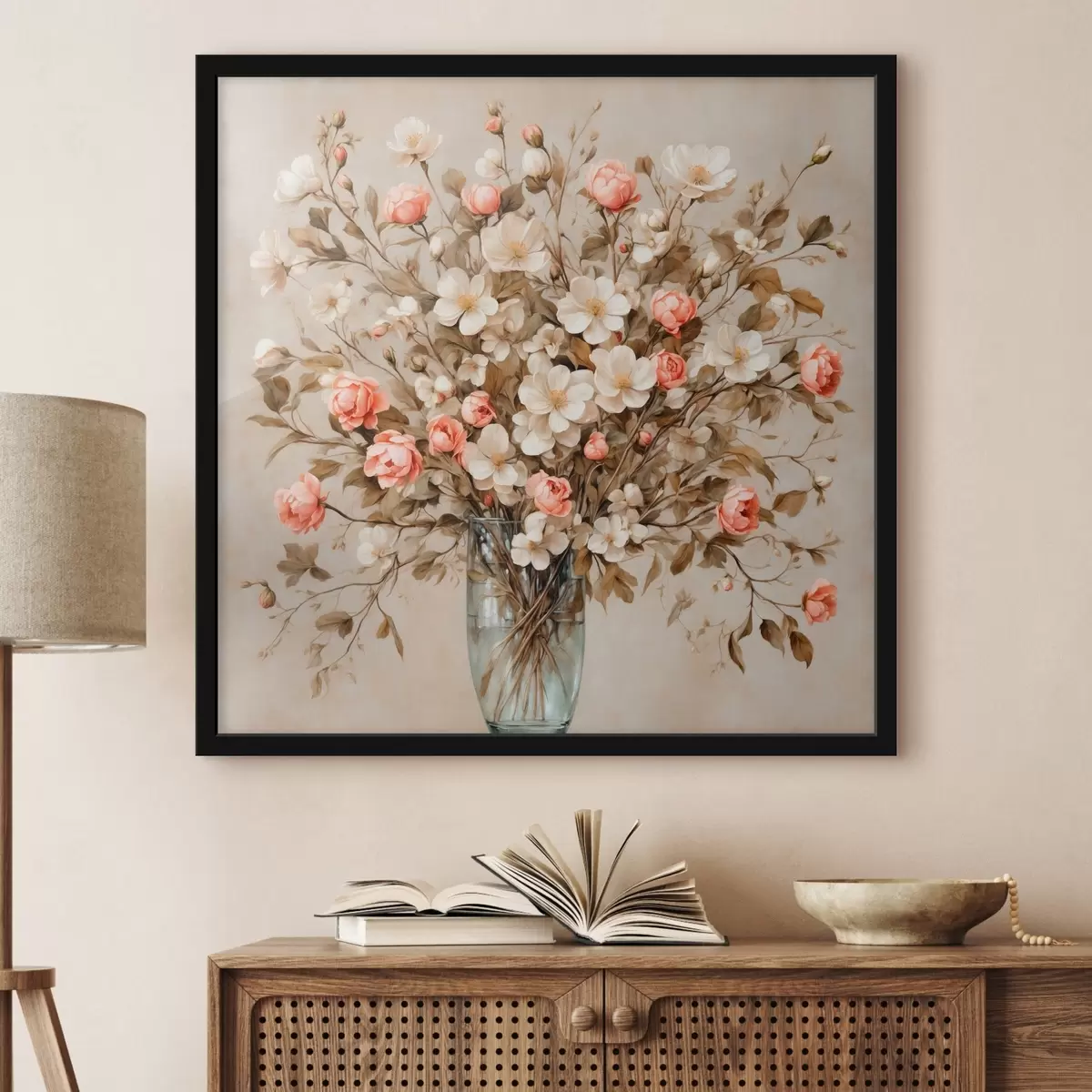 Poster Blumen in transparenter Vase auf beigem Hintergrund f42534