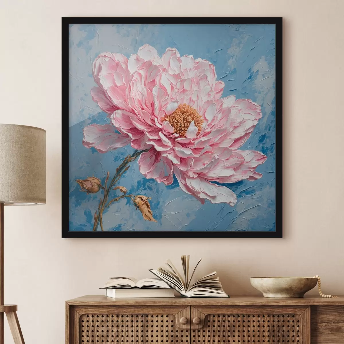 Poster Rosa Blume auf blauem Hintergrund im Stil der Ölmalerei f42537