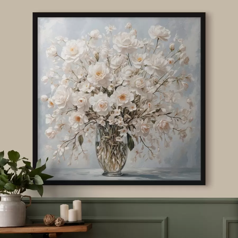 Fototapete Weiße Blumen in transparenter Vase in Acrylmalerei Stil f42545