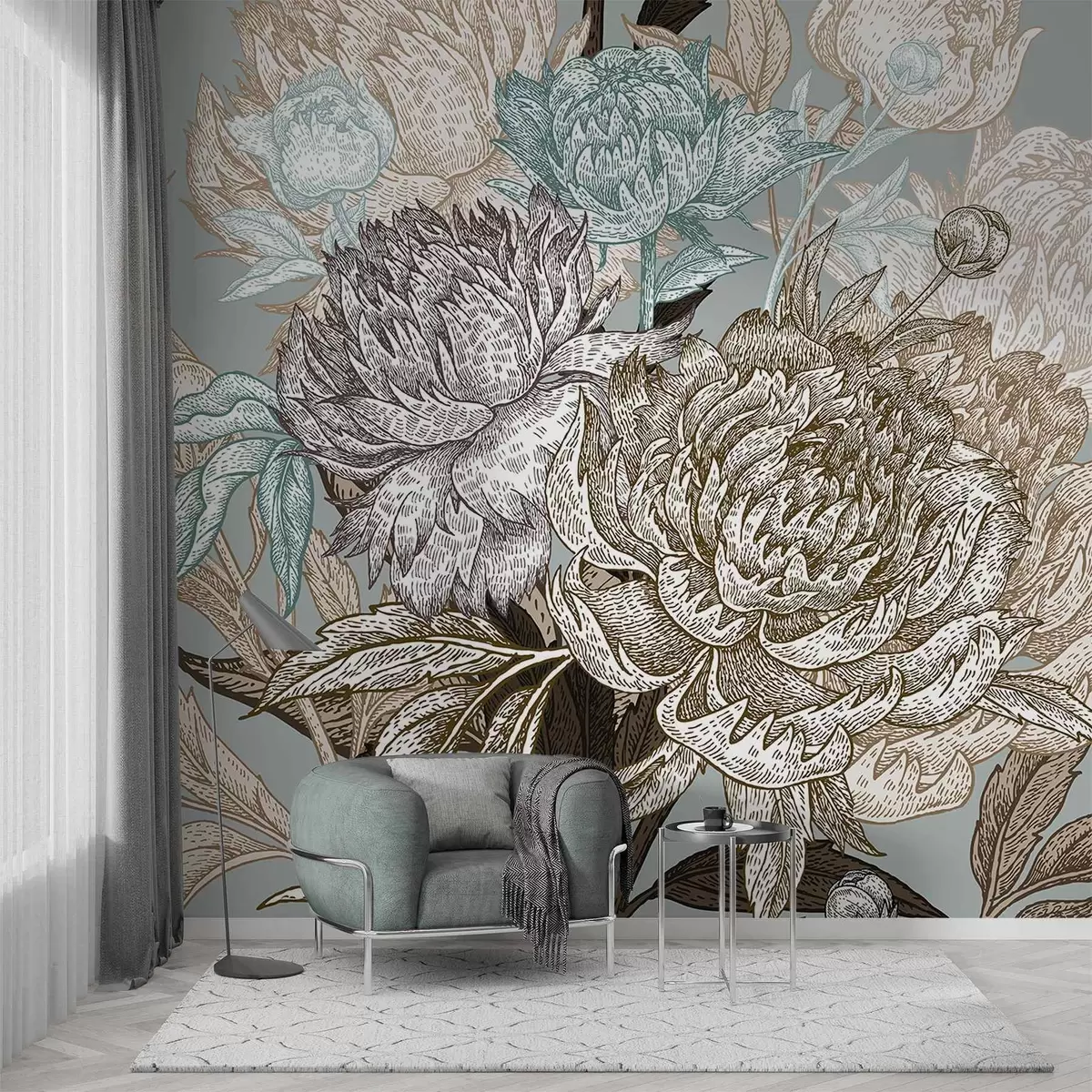 Fototapete Ein detailliertes florales Linienmuster mit großen Pfingstrosen und Blättern in Blau-, Beige- und Brauntönen w08663
