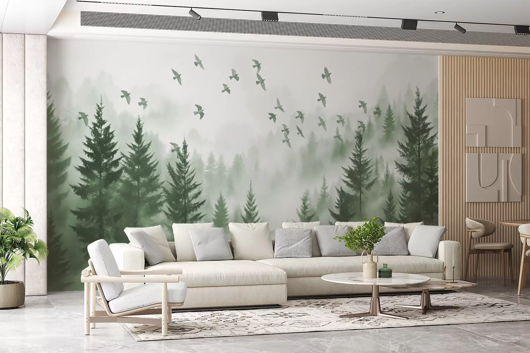 Fototapete Ruhiger nebliger Wald mit Bäumen in Grüntönen und Vogelschwärmen, die in den Himmel fliegen w08664v1
