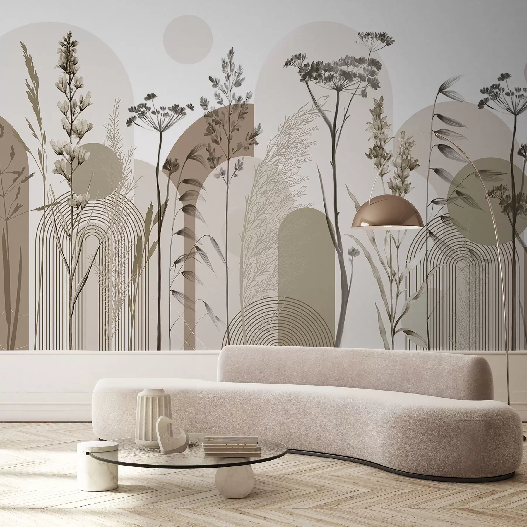 Fototapete Eine Sammlung von Pflanzen und Blumen in neutralen Tönen auf abstraktem Bogenhintergrund in sanften Beige- und Brauntönen w08665