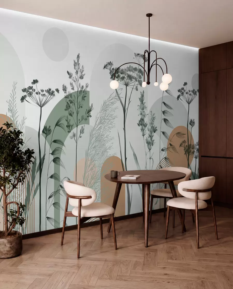 Fototapete Eine Sammlung von Pflanzen und Blumen in neutralen Tönen auf abstraktem Bogenhintergrund in sanften Grün- und Orangetönen w08665v1