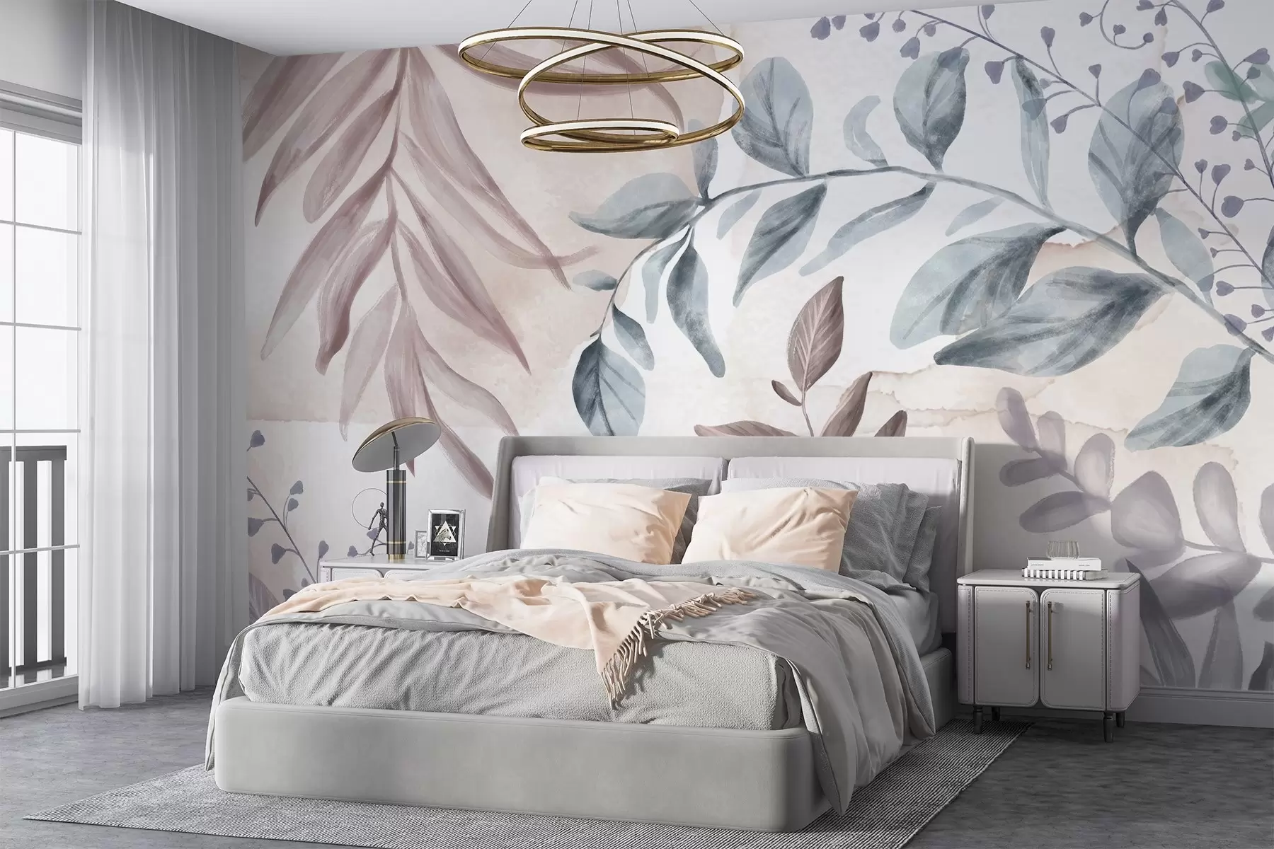 Fototapete Botanischer Druck mit Blättern und Blumenzweigen in sanften Pastellfarben, auf aquarellartigem Hintergrund w08668