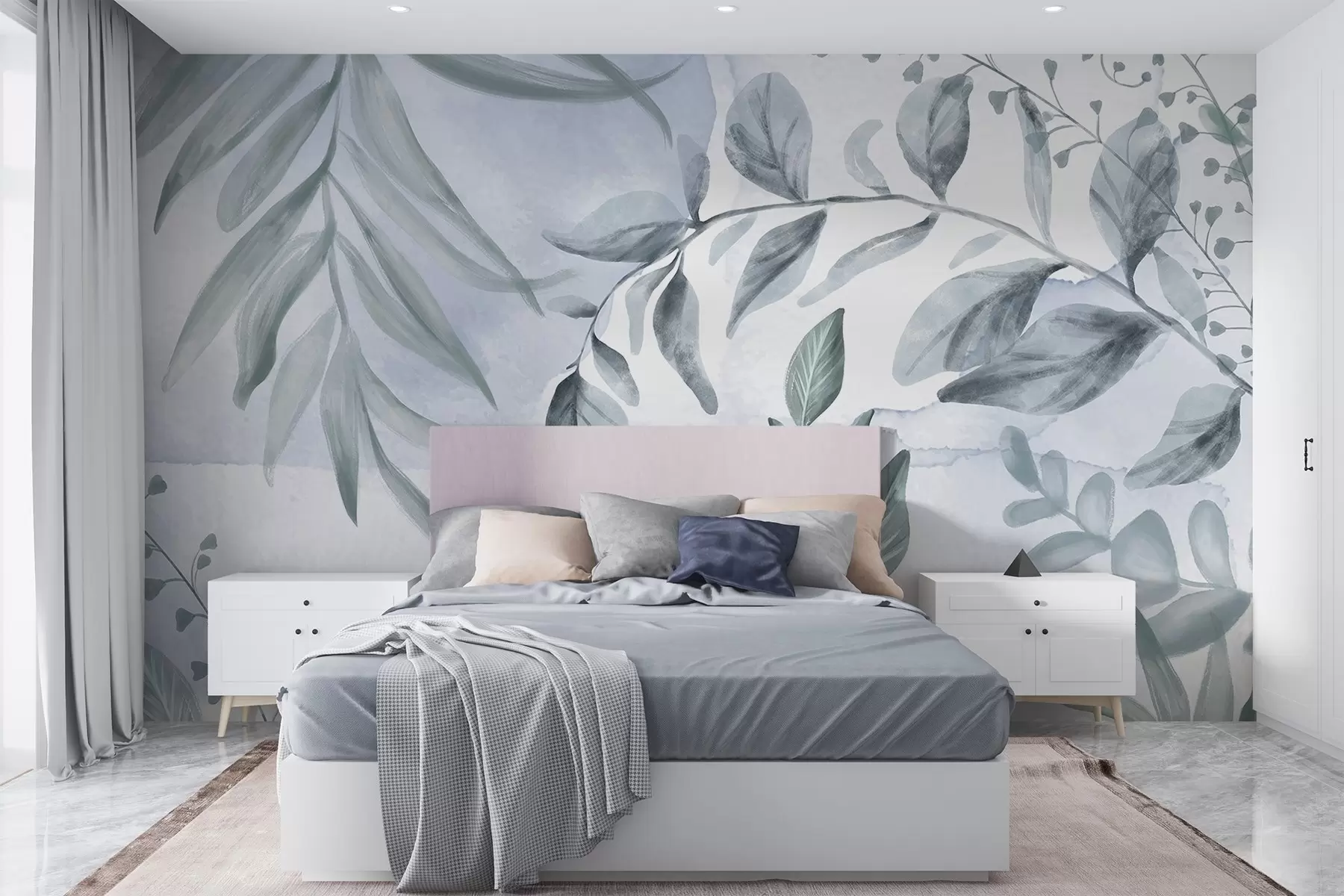 Fototapete Botanischer Druck mit Blättern und Blumenzweigen in sanften Pastellfarben, auf aquarellartigem Hintergrund w08668v1