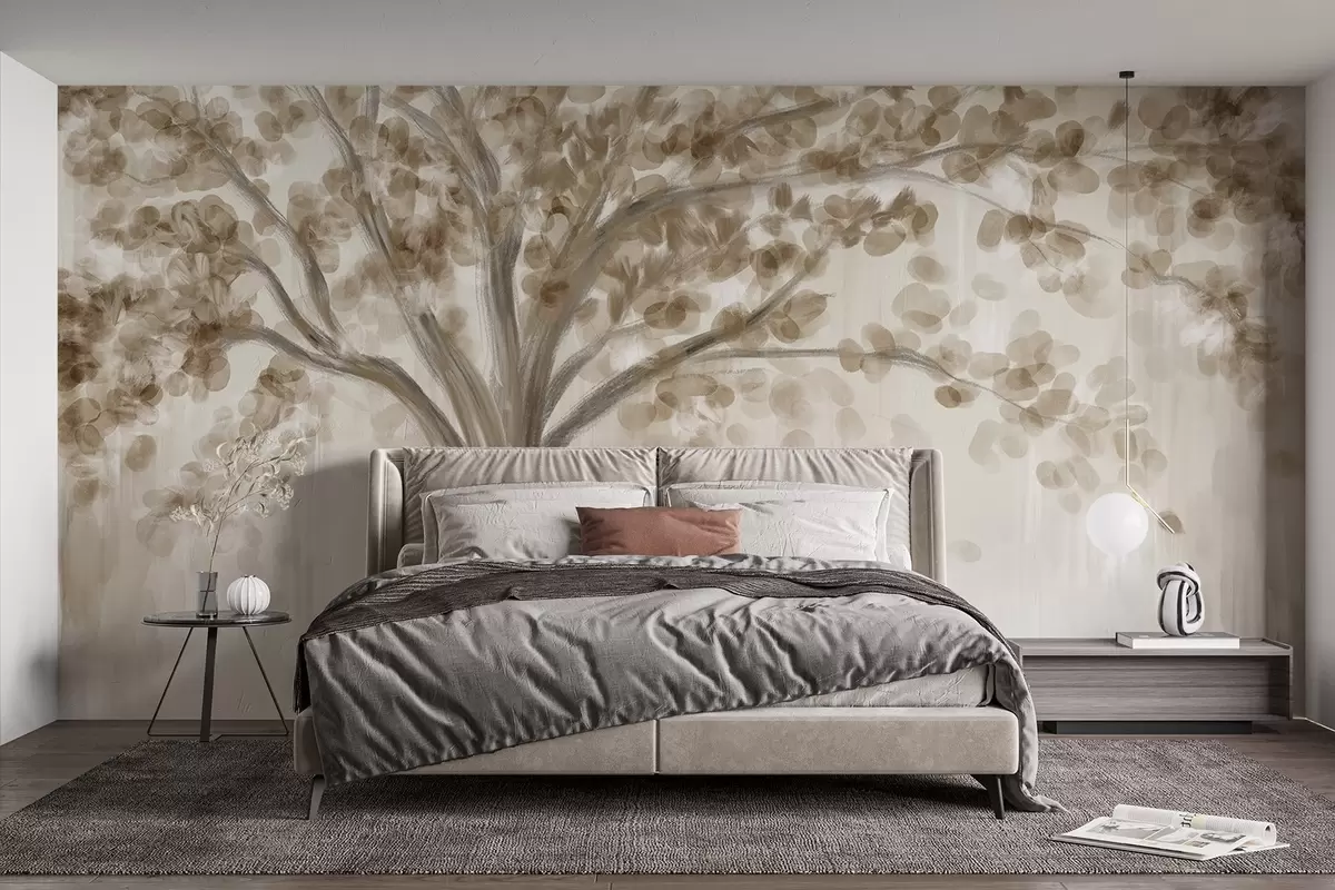Fototapete Ein großer Baum mit weichen, abstrakten Blättern in Beige auf einem hellen, neutralen Hintergrund, der die Farbtöne des Baums hervorhebt w08669
