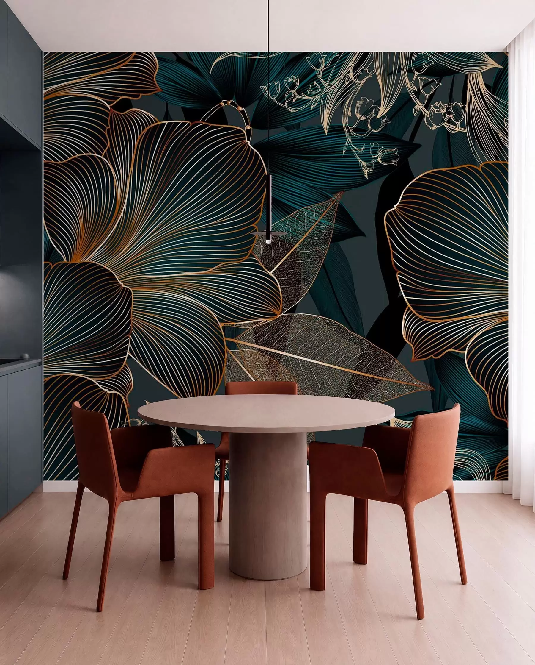 Fototapete Stilisierte Blumen und Blätter mit komplizierter Linienführung in Teal- und Gelbtönen auf dunklem Hintergrund w08675