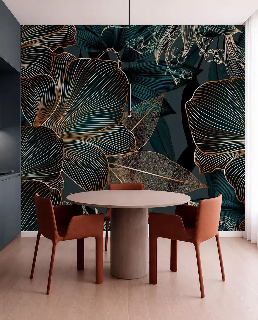 Fototapete Stilisierte Blumen und Blätter mit komplizierter Linienführung in Teal- und Gelbtönen auf dunklem Hintergrund w08675