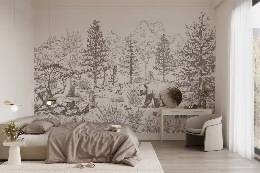 Fototapete Waldleben, Bäume, wilde Tiere, Bär, Fuchs, Eule, Büsche, Bleistift-Stil Zeichnung, beige Farben w02929