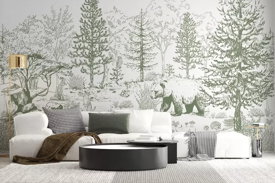 Fototapete Waldleben, Bäume, wilde Tiere, Bär, Fuchs, Eule, Büsche, Bleistift-Stil Zeichnung, grüne Farben w02929v2