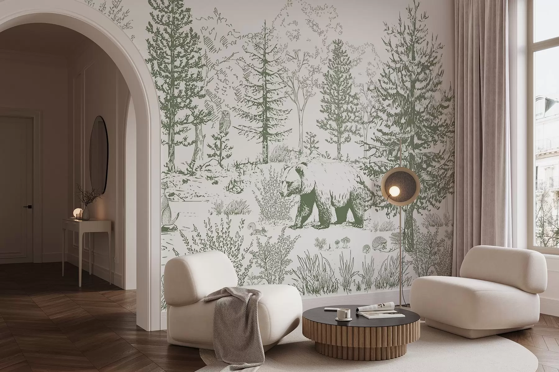 Fototapete Waldleben, Bäume, wilde Tiere, Bär, Fuchs, Eule, Büsche, Bleistift-Stil Zeichnung, grüne Farben w02929v2