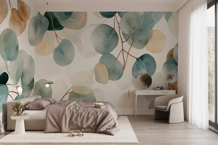 Fototapete Aquarell-Stil Eukalyptus Zeichnung, weiche Pastellfarben, floral w02938