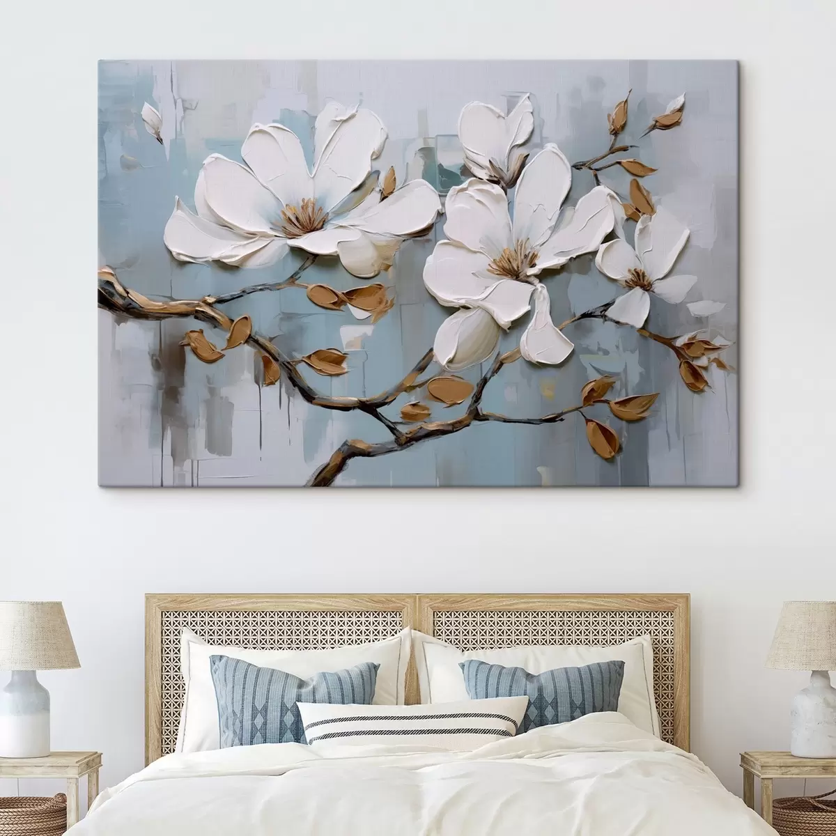 Wandbilder Weiße Magnolienblüten mit strukturierten Blütenblättern und braunen Blättern auf einem weichen blauen Hintergrund Ölgemälde Imitation s42711